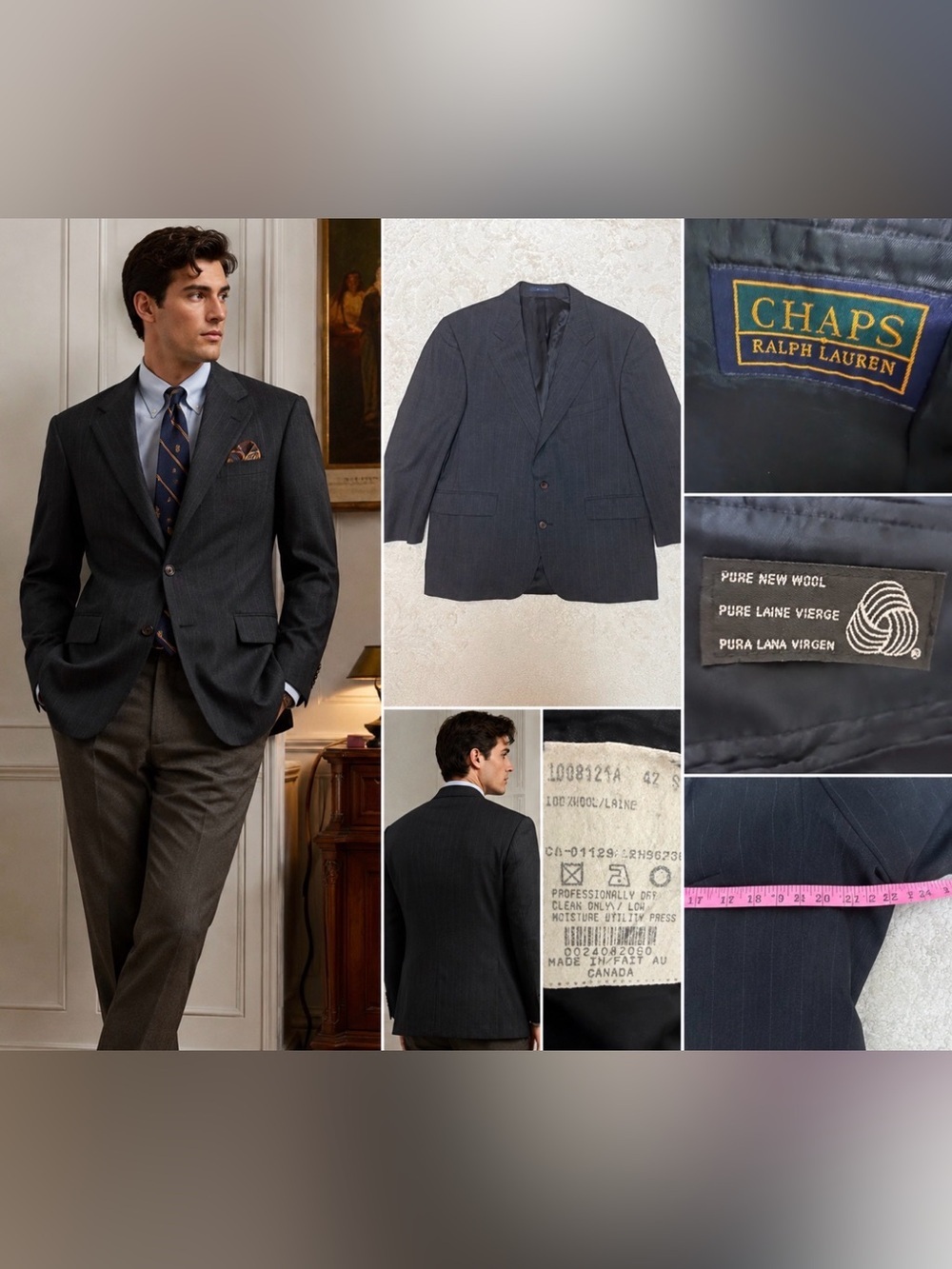 Chaps Ralph Lauren 42R Pure Virgin Wool Pinstripe Blazer Sport Coat Gray